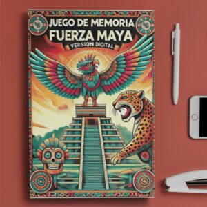 Portada del ebook "Juego de Memoria Fuerza Maya - Versión Digital" con ilustraciones coloridas de un quetzal, jaguar, y elementos mayas.